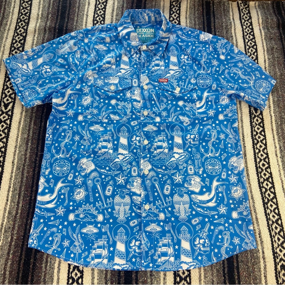 Men’s Dixxon Seaside Tattoo Limited Edition Size Large Ship Nautical Blue Shirt